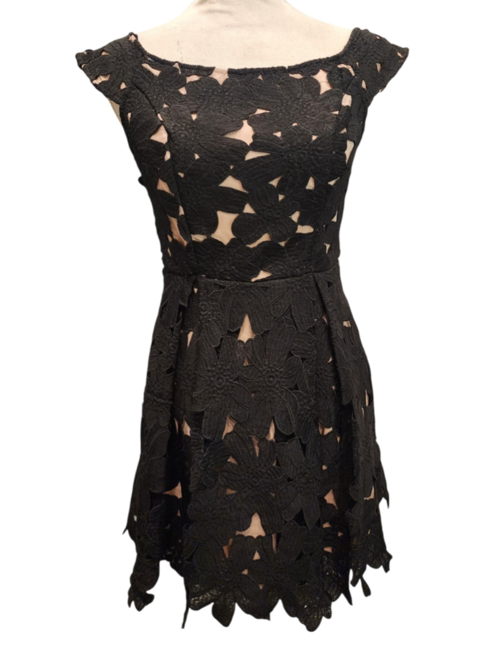 Papaya Black Floral Lace Crochet Overlay Dress Nude Lined S Mini Cocktail Party